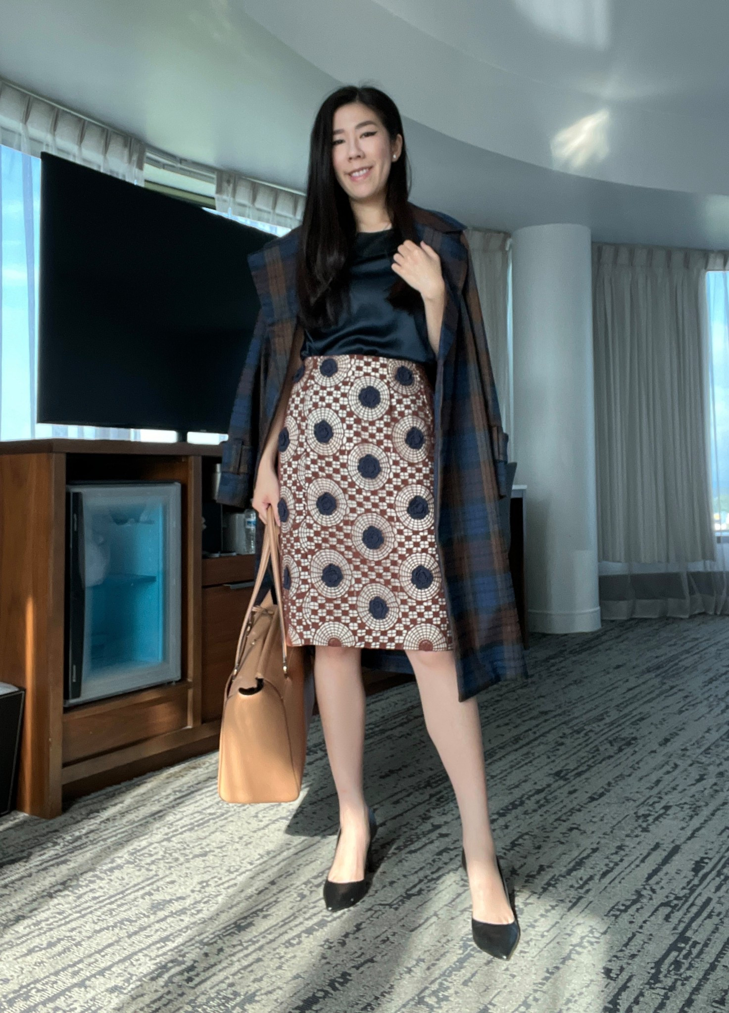 With Fall just a few days away, I wanted to slowly transition my cold weather favorites into my corporate look. Plaids are always a hit so I brought out my slightly oversized blue and brown coat. I layered it on top of a silk sleeveless top and my crochet 3D floral crochet pencil skirt. To keep the focus on my outfit, I wore neutral brown accessories.

#businesscasual #workwear #corporate

#LTKWorkwear #LTKItBag #LTKPetite