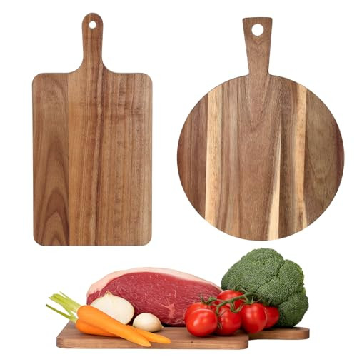 JJUNW 2 Pcs Wood Cutting Board with Handle, Acacia Decorative Wooden Serving Board Cutting Boards Set for Kitchen Charcuterie Cheese Chopping Meat Fruit Pizza Bread Baking (Round & Rectangle) | Amazon (US)