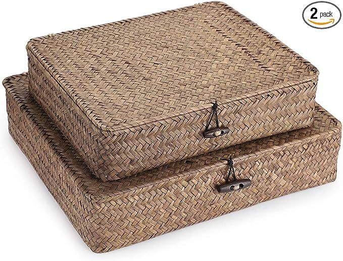 Hipiwe Set of 2 Flat Woven Wicker Storage Bins with Lid Natural Seagrass Basket Multipurpose Home... | Amazon (US)