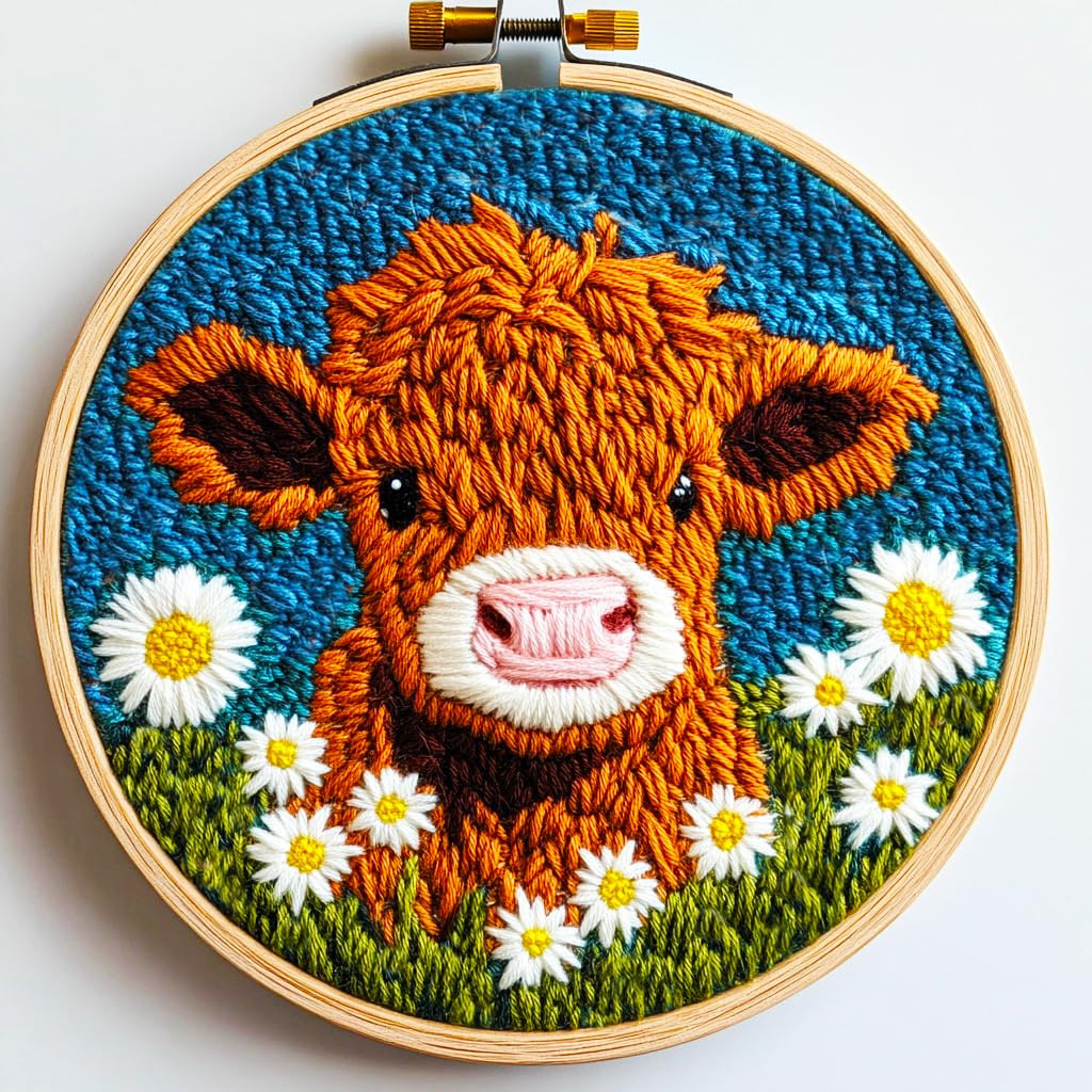 DIY Punch Needle Kits for Beginners Cute Cartoon Highland Cow with Daisy Flower with Hoop Embroid... | Amazon (US)