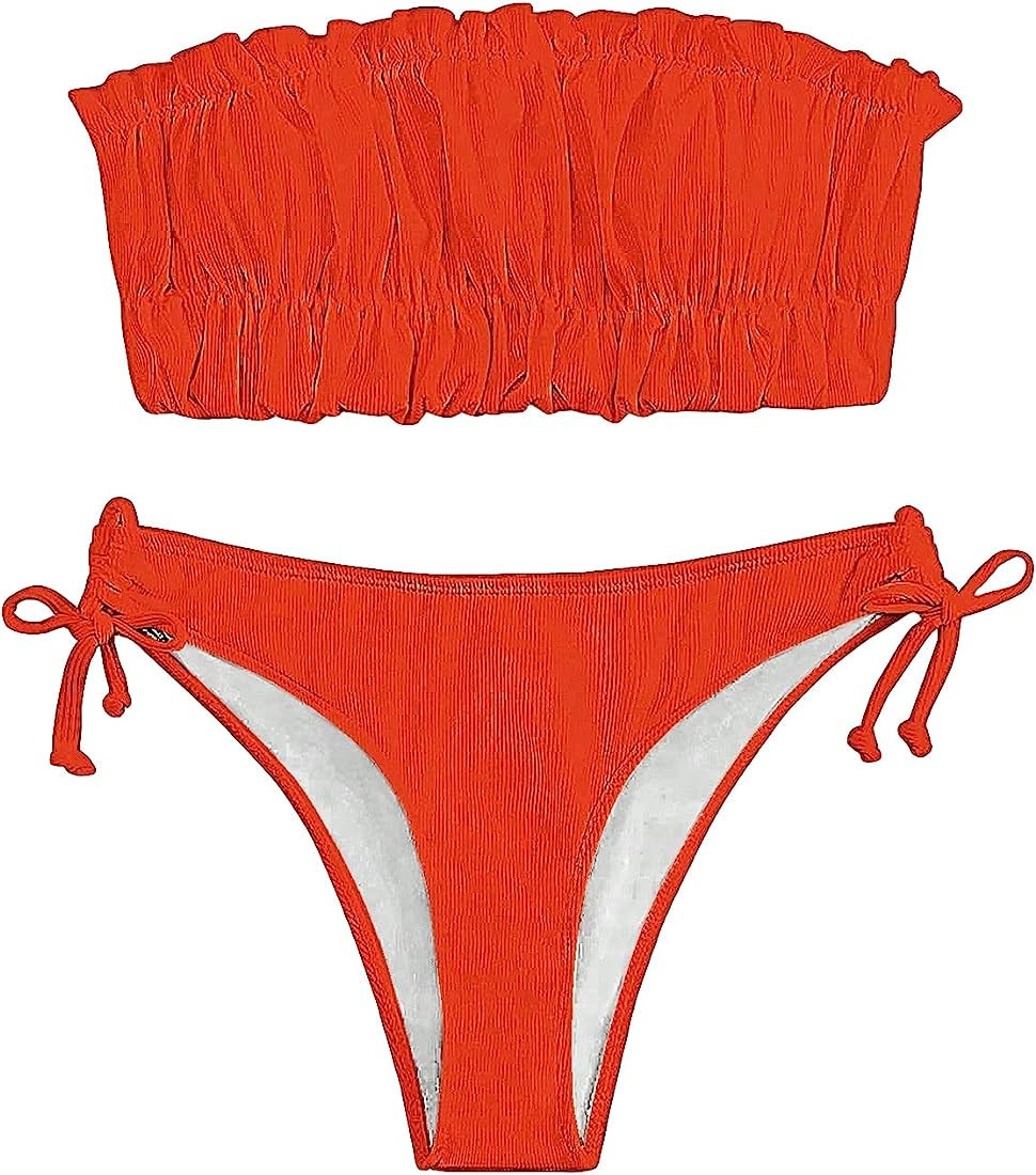 MakeMeChic Women's 2 Piece Bandeau Swimsuit Strapless Ruched Tie Side High Cut Bikini Set | Amazon (US)