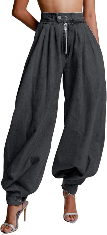 loveimgs Women Baggy Harem Jeans Joggers Denim Pants Wide Leg Jeans High Rise Sweatpants Tapered ... | Amazon (US)