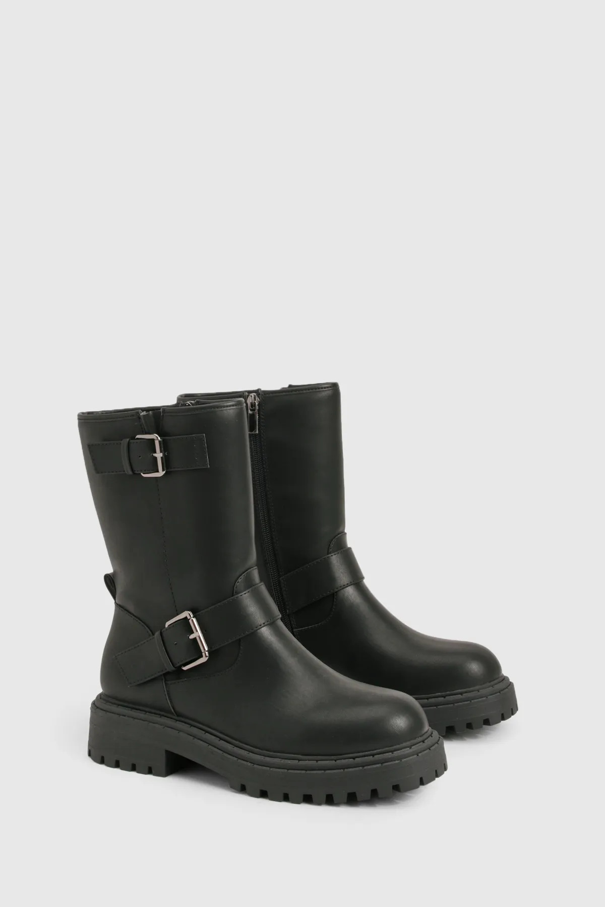 Black Wide Fit Double Buckle Biker Boots | Boohoo | Boohoo.com (UK & IE)