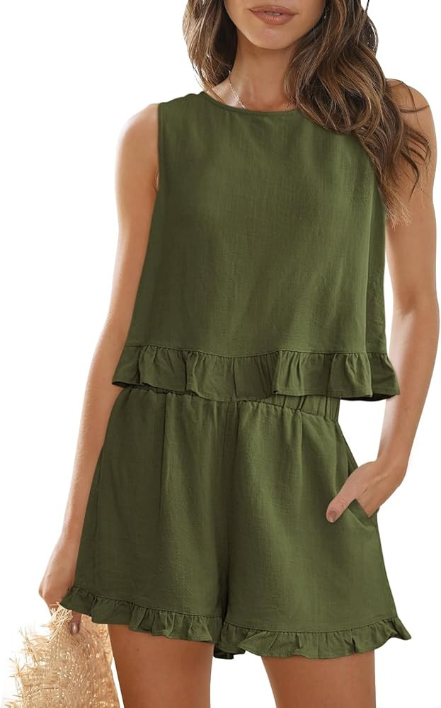 AUTOMET Womens 2 Piece Outfits Summer Sets Sleeveless High Neck Ruffle Crop Tops and High Waisted... | Amazon (US)