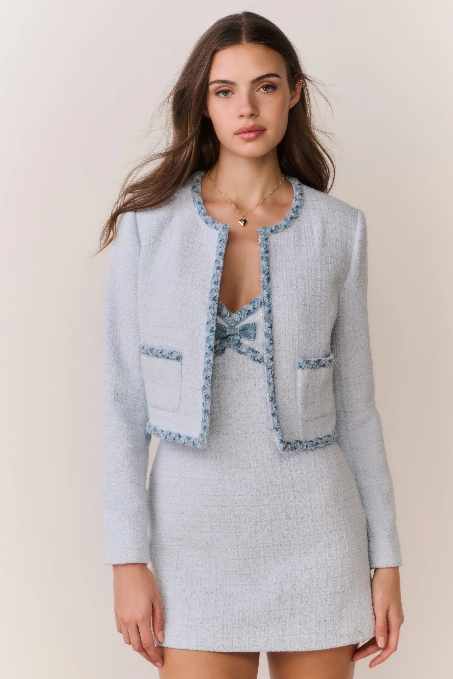 Azula Denim-Trimmed Tweed Jacket | LoveShackFancy
