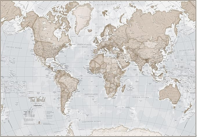 Large Map Of The World – Silk Art Print World Map – Neutral Tones - 23 x 33 | Amazon (US)