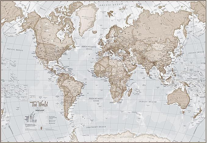 Large Map Of The World – Silk Art Print World Map – Neutral Tones - 23 x 33 | Amazon (US)