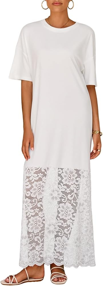LOLONG Womens Short Sleeve Lace Patchwork Maxi Dress Summer 2026 Crew Neck Casual Long Dresses | Amazon (US)
