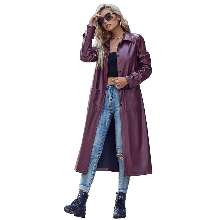Eilly Bazar PU Faux Leather Trend Coat for Women Long Sleeve Female Long Trend Coat Burgundy XS -... | Walmart (US)