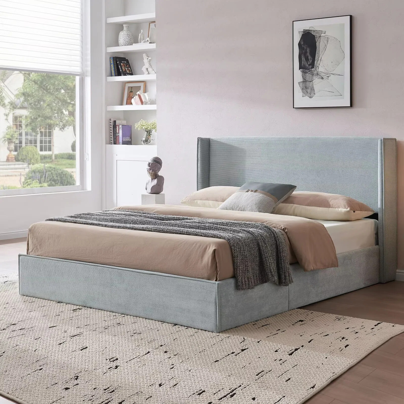 Latitude Run® Lift-Up Storage Bed with 43" High Wingback Headboard, Corduroy Upholstery, Hydraul... | Wayfair North America