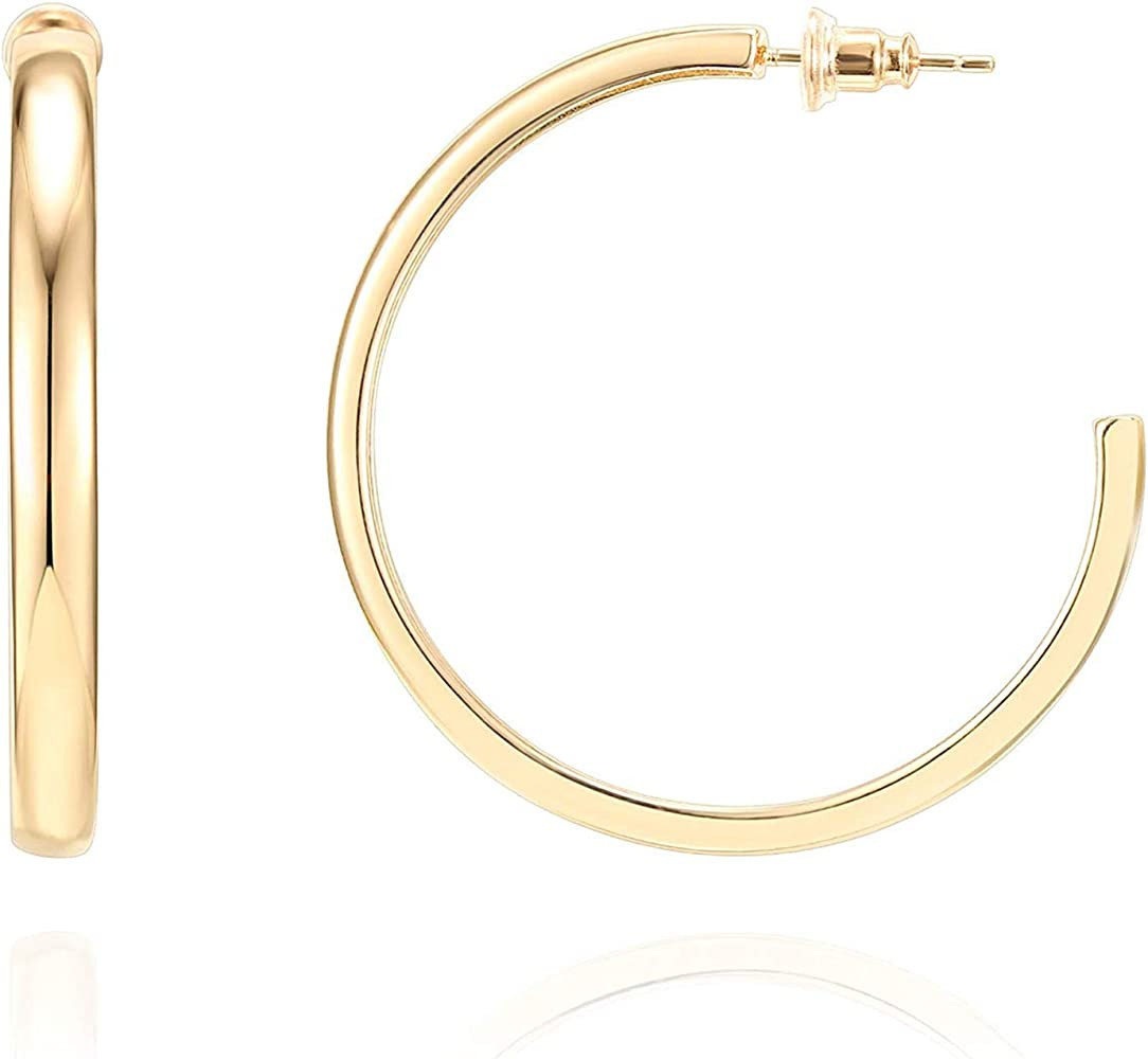 PAVOI 14K Gold Plated Wide Flat Edge Hoop Earrings for Women | Rose, White and Yellow Gold Hoops | H | Amazon (US)