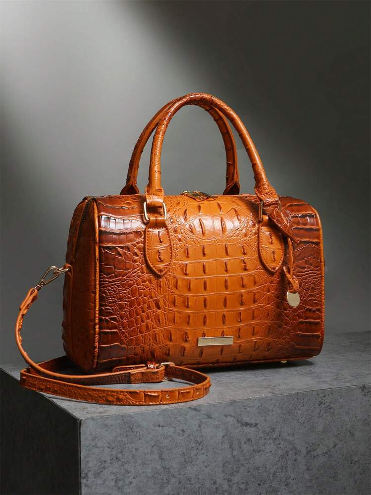 Luxury Crocodile Pattern Handbag, Retro Genuine Purse, Women's Classic Boston Bag & Shoulder Bag | SHEIN