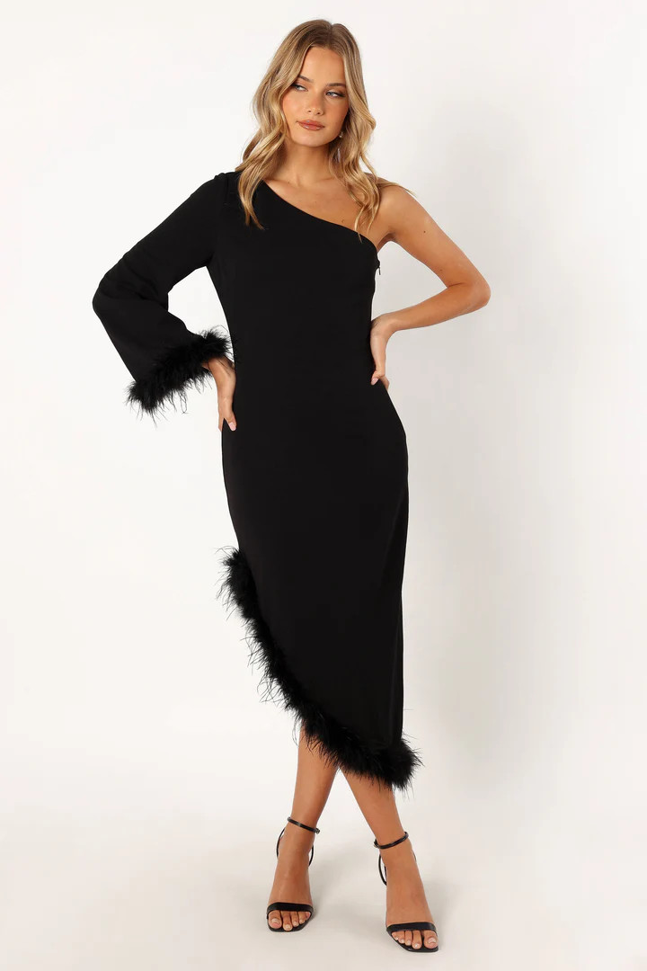 Dame One Shoulder Feather Midi Dress - Black | Petal & Pup (US)