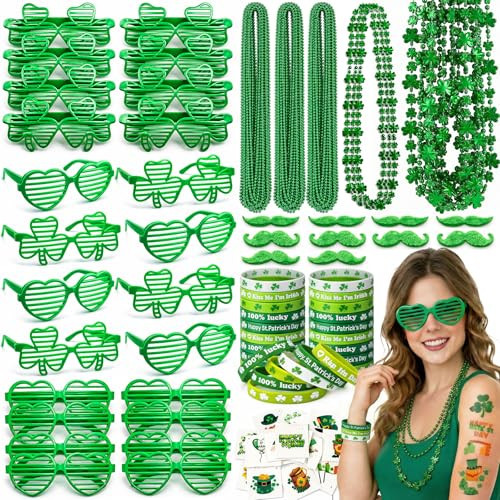 St Patricks Day Accessories, St. Patty's Day Party Supplies Include Shamrock Green Heart Glasses Necklaces, Saint Patricks Day Party Pack for Classroom | Amazon (US)