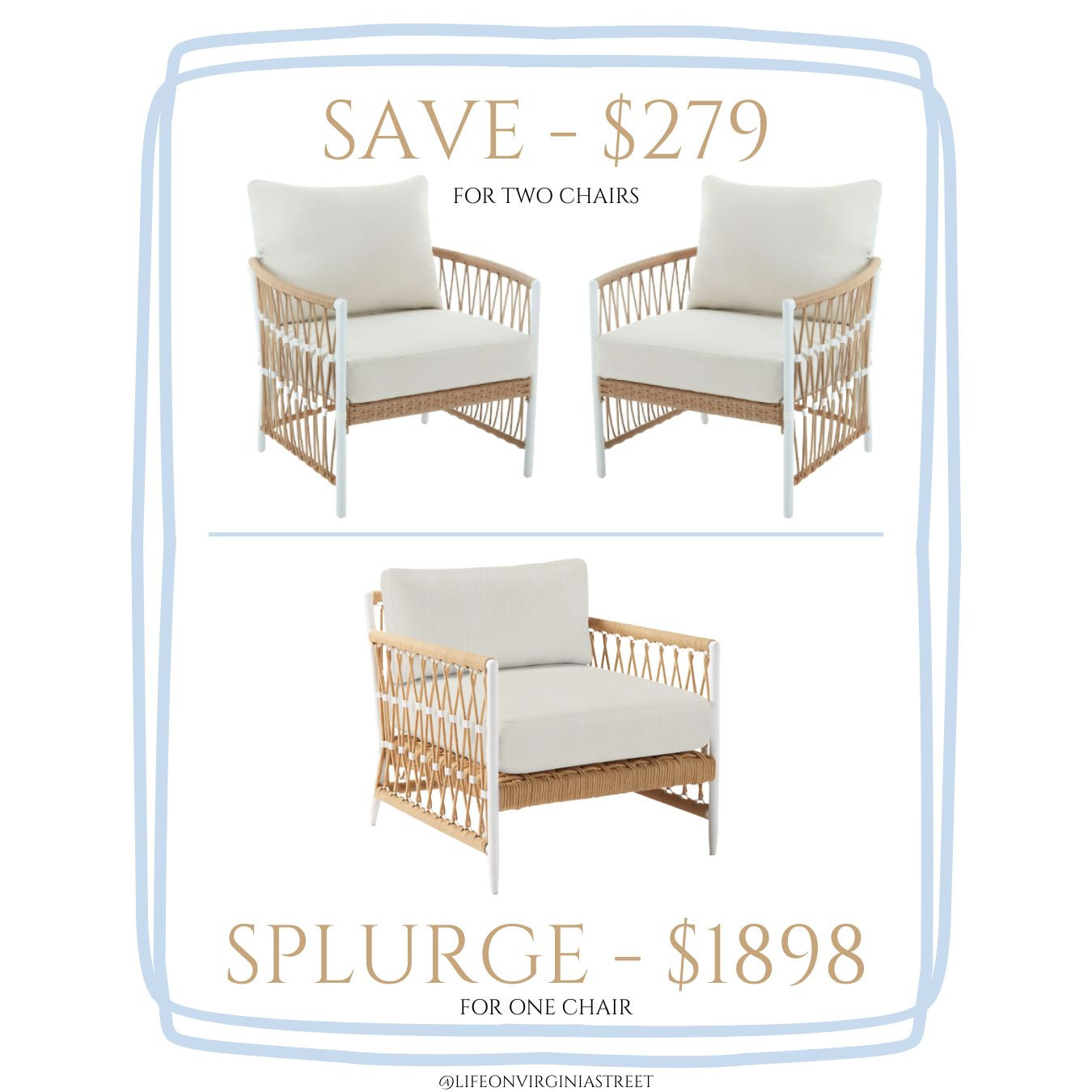 Just bought the save version of these Serena & Lily Salt Creek chairs and love them so much! They were just reduced to $297 for a PAIR of chairs compaired to $1898 for one! The perfect outdoor coastal chairs! I'll also link the coordinating save/splurge sofas and love seats. #ltkhome #ltksalealert #ltkseasonal #ltkstyletip 

 #LTKSeasonal #LTKHome #LTKSaleAlert