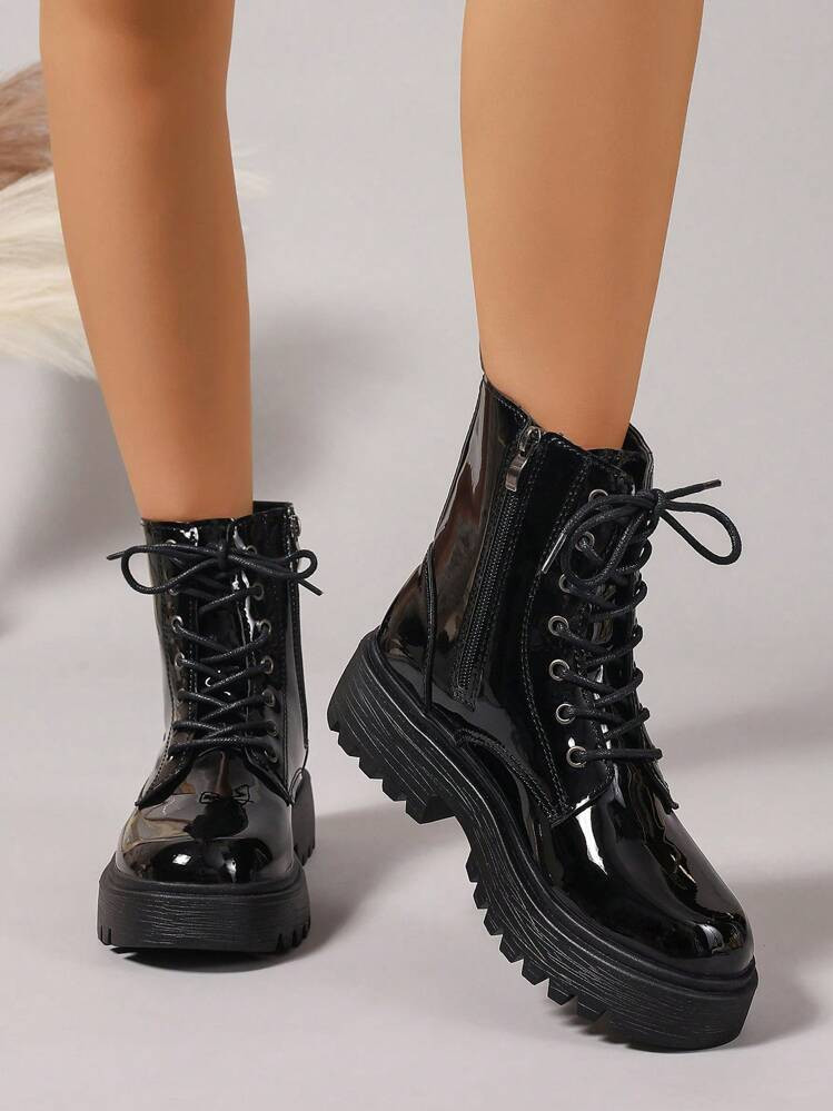 Women's Fashion Versatile Patent Leather Soft Comfortable Lace-Up Boots, Suitable For Spring, Aut... | SHEIN