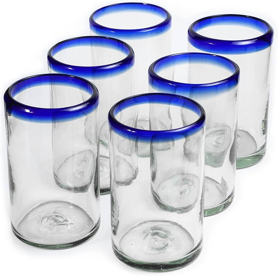 15 oz Hand Blown Mexican Drinking Glasses - Set of 6 tumblers, 15 fl oz each, Cobalt Blue Rim | Amazon (US)