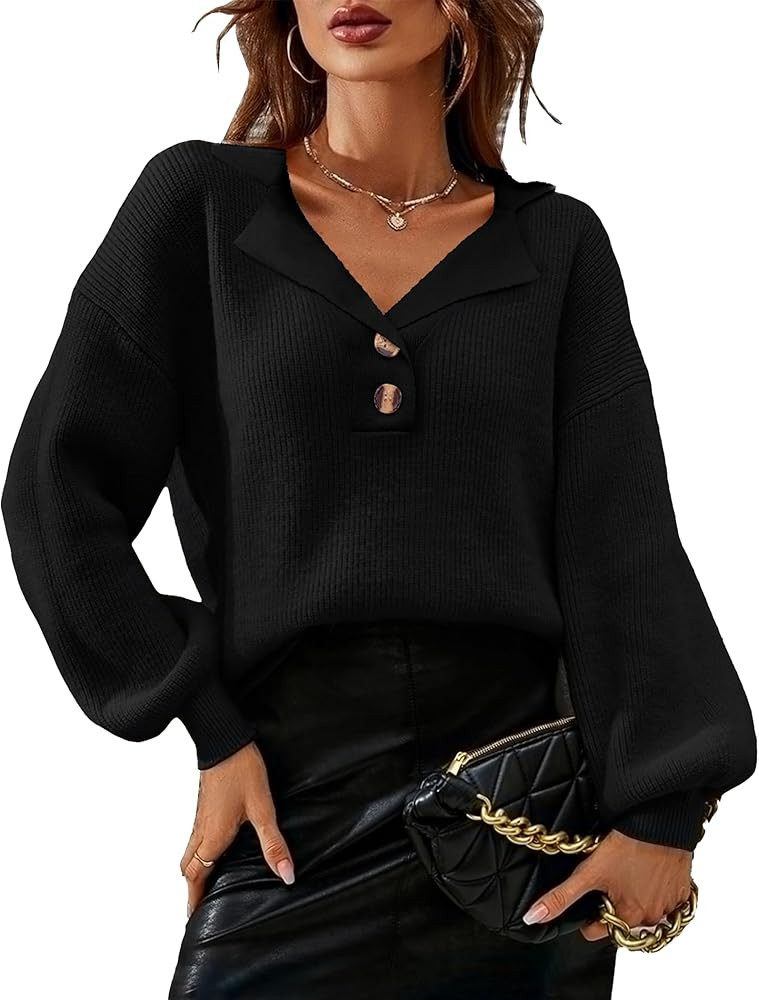 Zeagoo Women V Neck Sweater Lantern Sleeve Drop Shoulder Oversized Henley Knit Pullover Tops S-XX... | Amazon (US)