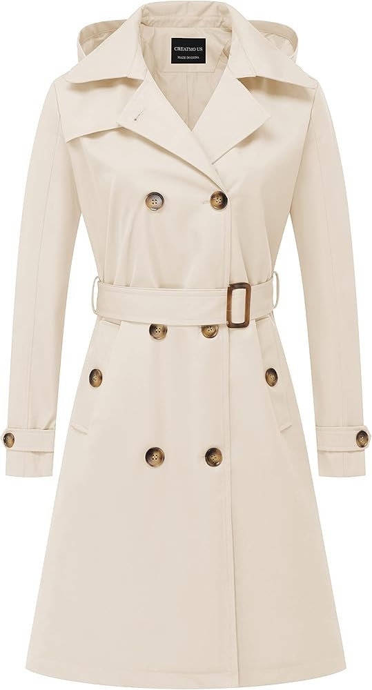 CREATMO US Women's Long Trench Coat Double-Breasted Classic Lapel Overcoat Belted Slim Outerwear ... | Amazon (US)
