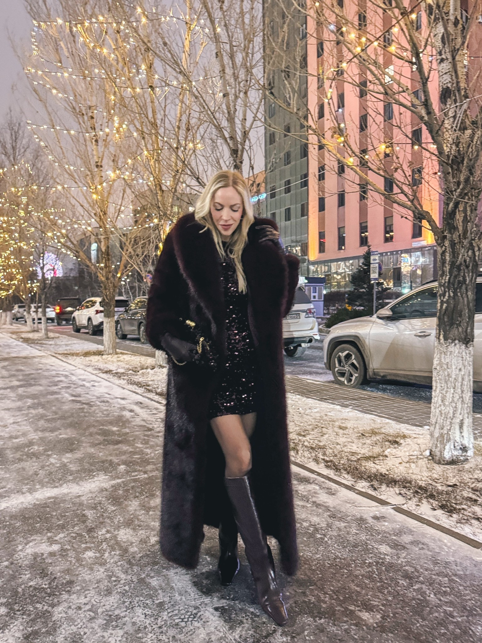 Burgundy fur coat, burgundy sequin dress, New Year’s Eve outfit, sheer tights with tall boots, long leather gloves, holiday party look 

#LTKFindsUnder100 #LTKHoliday #LTKSaleAlert