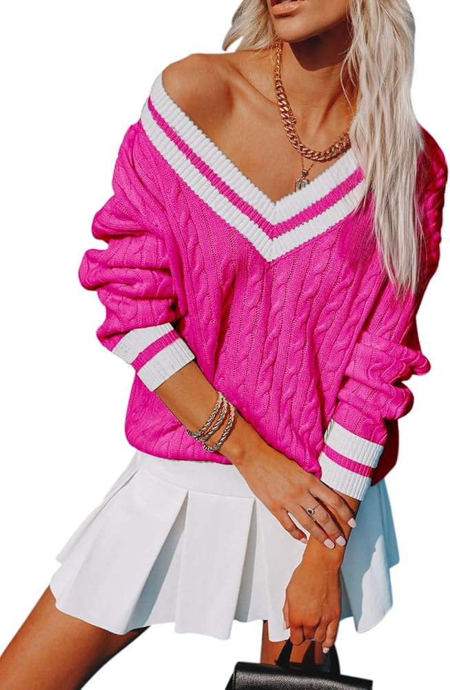 Womens V Neck Oversized Sweaters Long Sleeve Cable Knit Pullover Striped Chunky Sweater Casual Te... | Amazon (US)