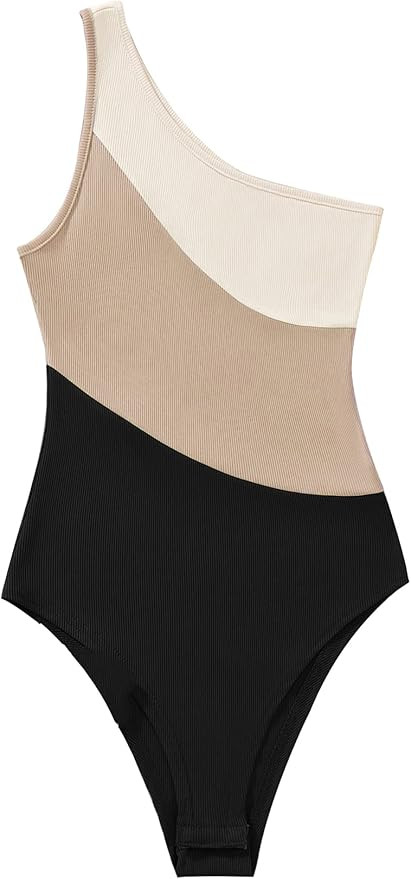 Milumia Women Casual One Shoulder Color Block Ribbed Tank Tops Sleeveless Bodysuit Black and Brow... | Amazon (US)