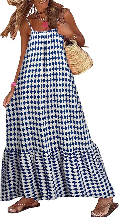 miduo Womens Summer Bohemian Pattern Spaghetti Straps Sleeveless Casual Maxi Long Dresses | Amazon (US)