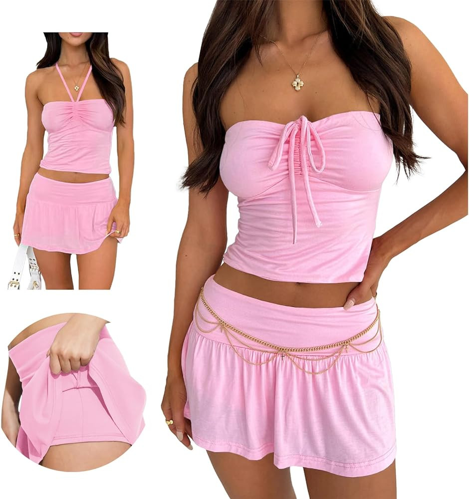 Summer Two Piece Outfits for Women Y2K Going Out Tie Ruched Tube Crop Tops Low Rise Pleated Mini ... | Amazon (US)