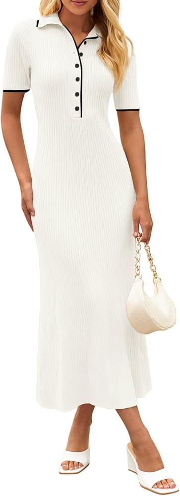 MEROKEETY Women's V Neck Ribbed Knit Maxi Dress Button Short Sleeve Slim Fit Bodycon Sweater Dres... | Amazon (US)