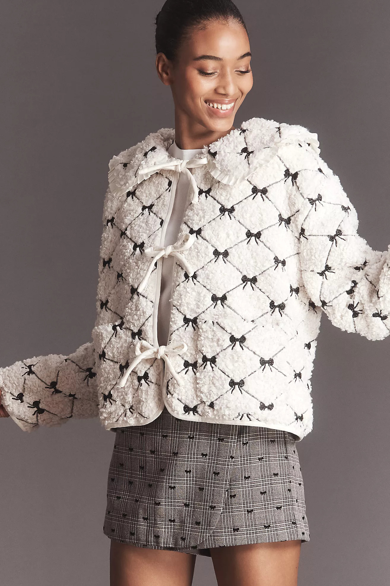 MABLE Bow-Embroidered Tie-Front Sherpa Fleece Jacket | Anthropologie (US)