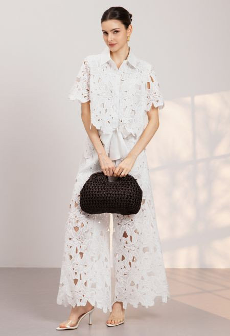 Guipure Lace Crop Shirt and Tie-Waist Pants Set in White for Resort Vacations & Daytime Occasions | Chicwish