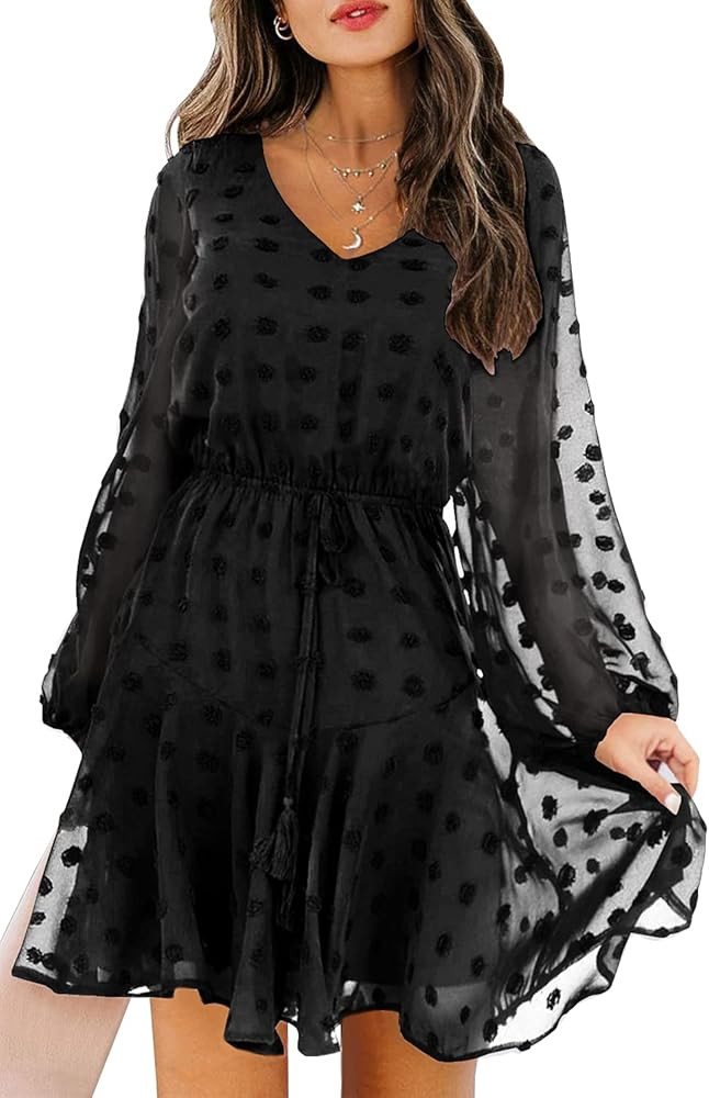 KIRUNDO Women’s Dress Long Sleeves V Neck Flowy Mini Dress Swiss Dot High Waist Chiffon Casual Dress | Amazon (US)