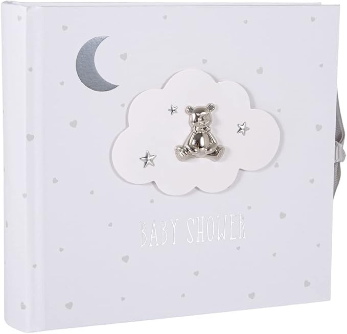 Happy Homewares Beautiful Ivory White Baby Shower Photo Album with Silver Plated Teddy Bear and S... | Amazon (US)
