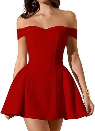 LAGSHIAN Women's Summer Sleeveless Off Shoulder A-line Mini Dress | Classy Cocktail Party Fit and... | Amazon (US)