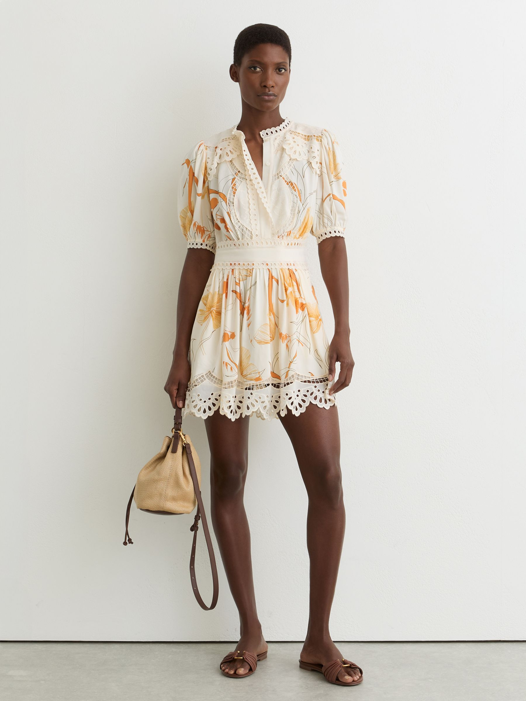 Floral-Print Lace-Trim Mini Dress in Ivory/Pink | Reiss UK