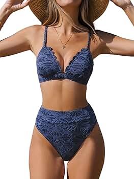 CUPSHE Bikini Set for Women Bathing Suit High Waisted Scalloped V Neck Two Pieces Swimsuit | Amazon (US)