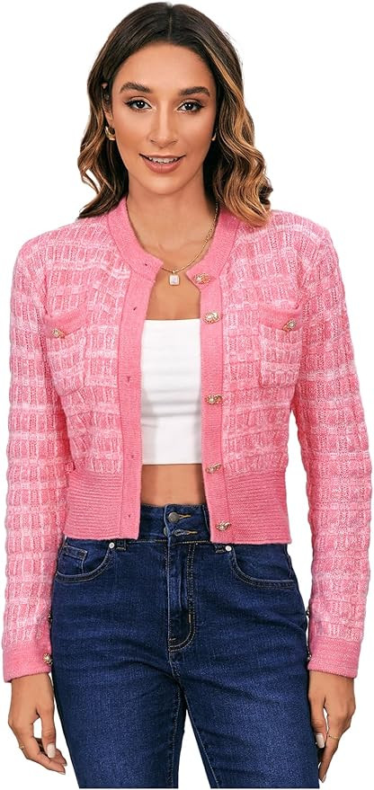 MakeMeChic Women's Cropped Cardigan Pearl Button Down Knit Open Front Sweaters Outerwear | Amazon (US)