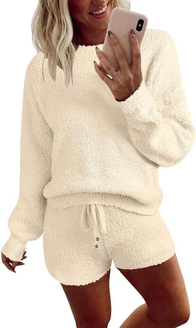 MEROKEETY Women's 2024 Fall Winter Fuzzy Fleece Long Sleeve Pajama Set 2 Piece Sweater Top and Sh... | Amazon (US)