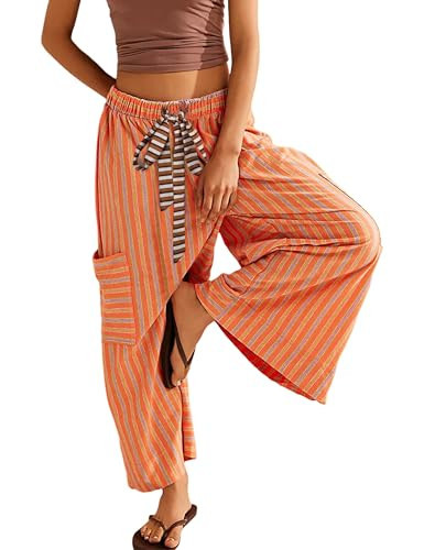 Bankeng Women Drawstring Striped Pants Loose Wide Leg Lounge Pants Casual Palazzo Trousers with Pockets(Orange,Large) | Amazon (US)