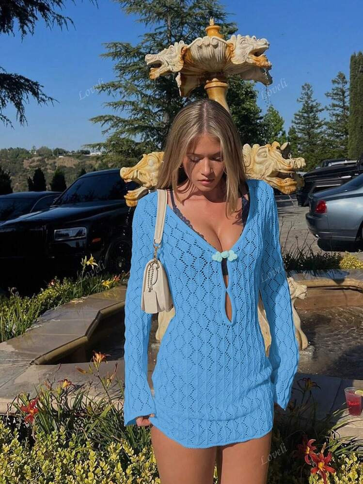 Women's Summer Vacation V-Neck Sheer Mesh Hollow Out Knot Button Crochet Long Sleeve Cover Up Sexy Solid Color Bodycon Mini Knit Beach Bikini Dress, Spring Fall | SHEIN