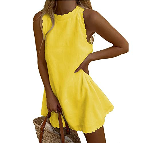 Women Sleeveless Tank Dress Halter Scallop 2026 Summer Dresses Back Zipper Linen Casual Beach Sundress, Yellow, Medium | Amazon (US)