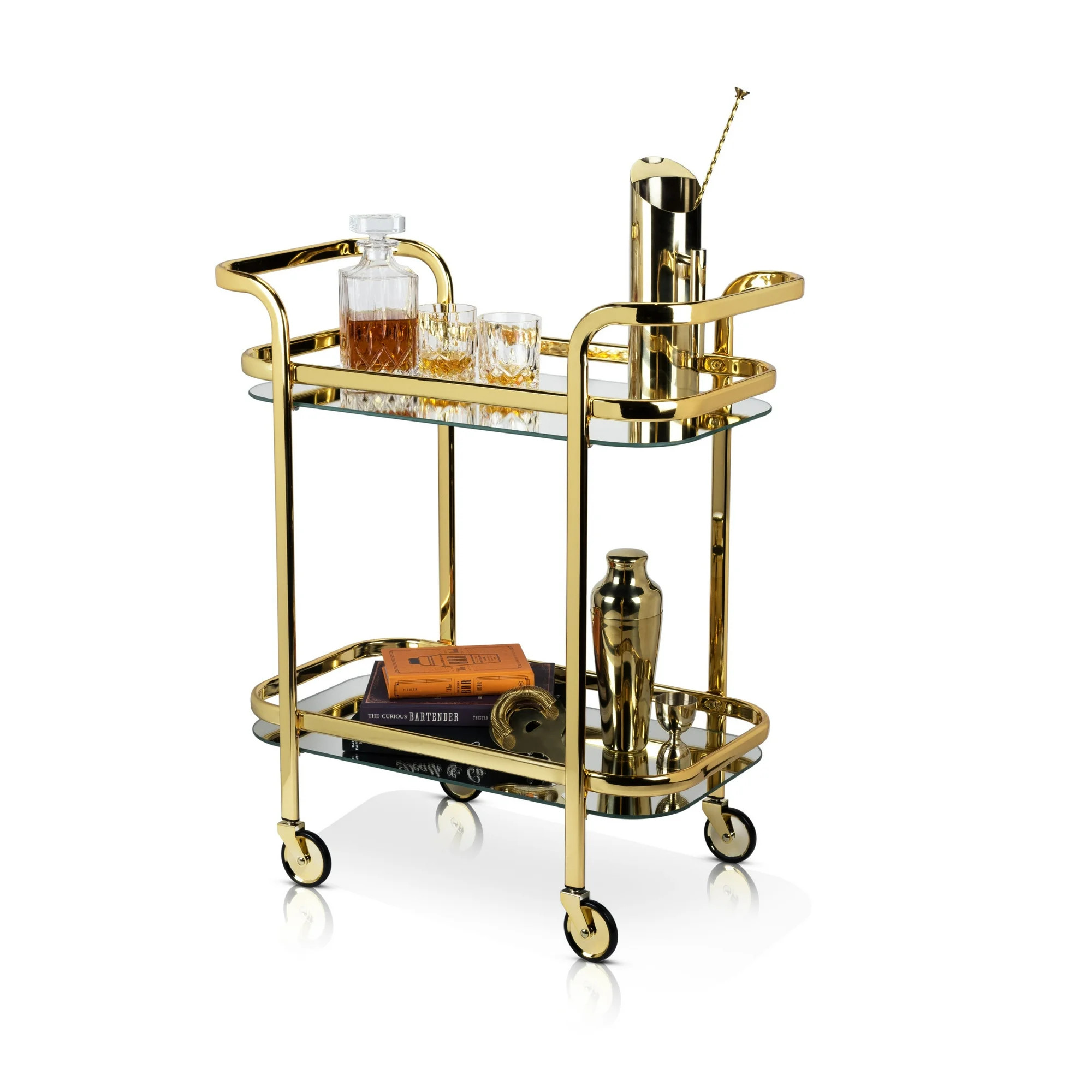 Viski Stainless Steel Bar Cart with Wheels, Mirror Shelves, Home Bar, Gold | Walmart (US)