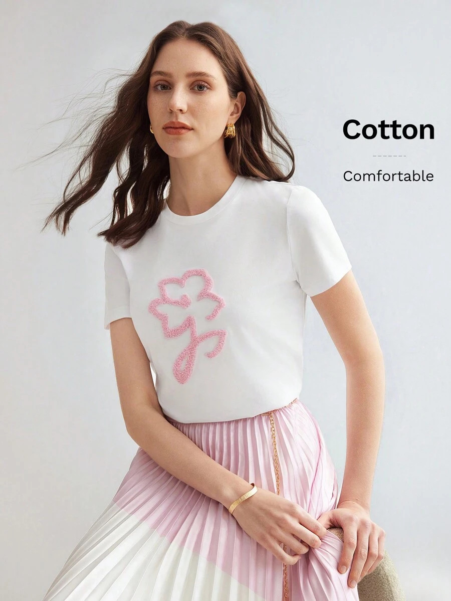 MOTF PREMIUM WOMEN'S KNITTED T-SHIRT WITH FLORAL PATTERN,VALENTINE'S DAY,GRAPHIC TEE | SHEIN