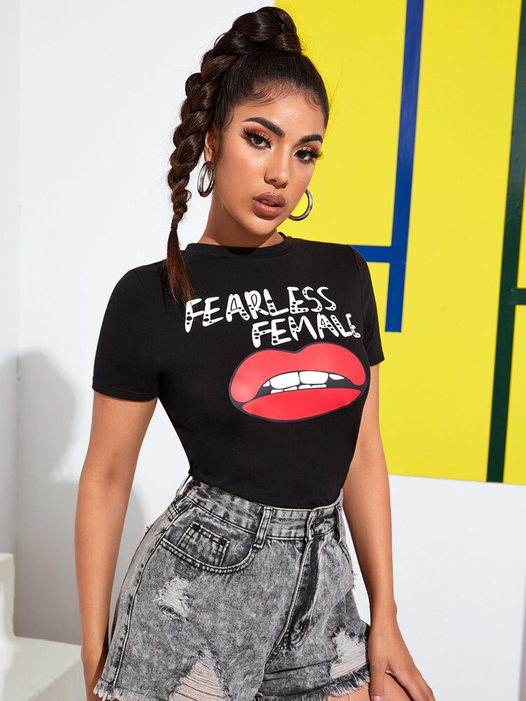 SHEIN Letter & Mouth Graphic Form Fitted Tee | SHEIN