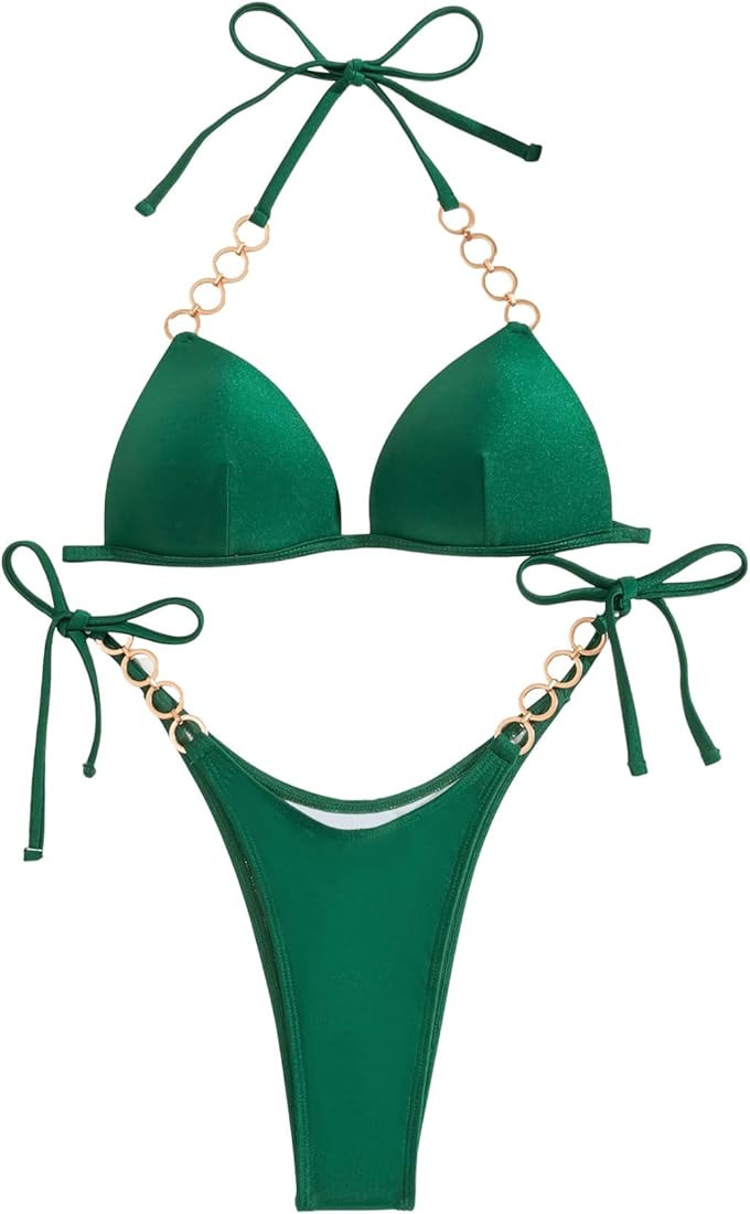 SweatyRocks Women's 2 Piece Bathing Suit Chain Linked Halter Triangle Bikini Set Push Up Swimsuit | Amazon (US)