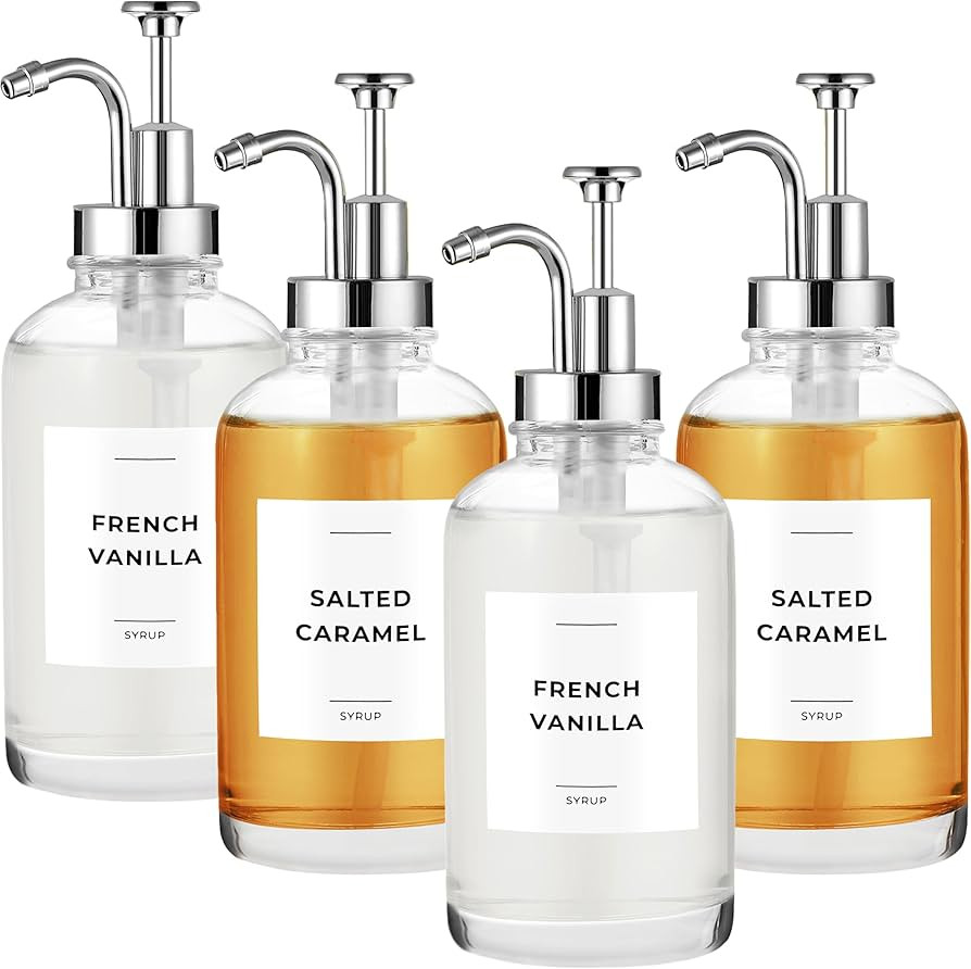 Coffee Syrup Dispenser with Pump - Includes 24 Flavor Labels - Glass Syrup Dispenser for Coffee B... | Amazon (US)