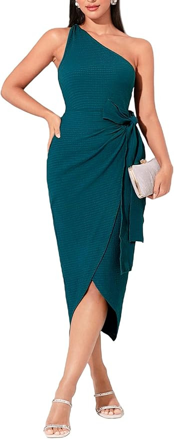 MakeMeChic Women's One Shoulder Sleeveless Tie Side Wrap Cocktail Party Midi Dress | Amazon (US)