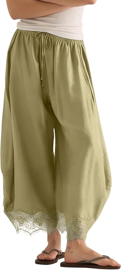 Lviefent Womens Cropped Lace Hem Pants Casual Drawstring Waist Summer Wide Leg Pants Beach Trouse... | Amazon (US)