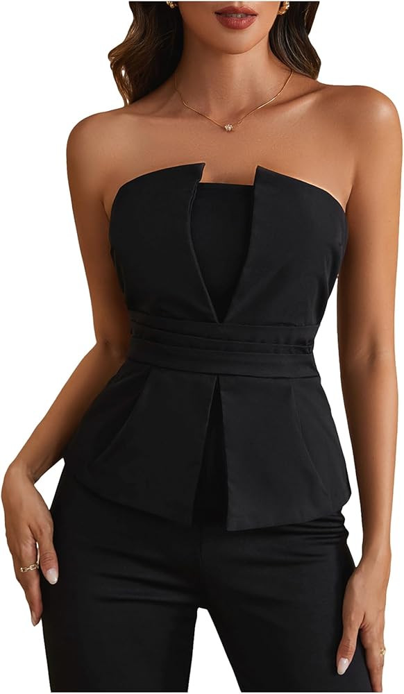 Women's Ruched Strapless Tube Top Elegant Asymmetrical Fitted Party Tops | Amazon (US)