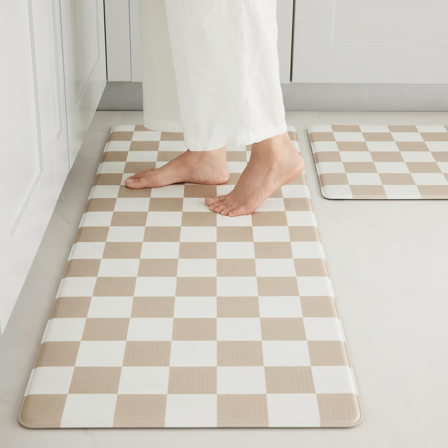 Beige Khaki Checkered Kitchen Mats for Floor Set of 2, 2 Pcs Cushioned Non Slip Runner Rugs for K... | Amazon (US)